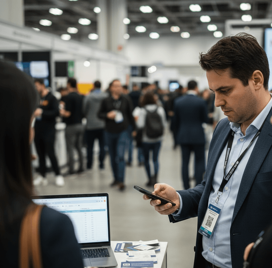 Salesperson scanning trade show badge with handheld device for lead retrieval, collecting basic contact data before using Habsy lead capture system for deeper qualification.