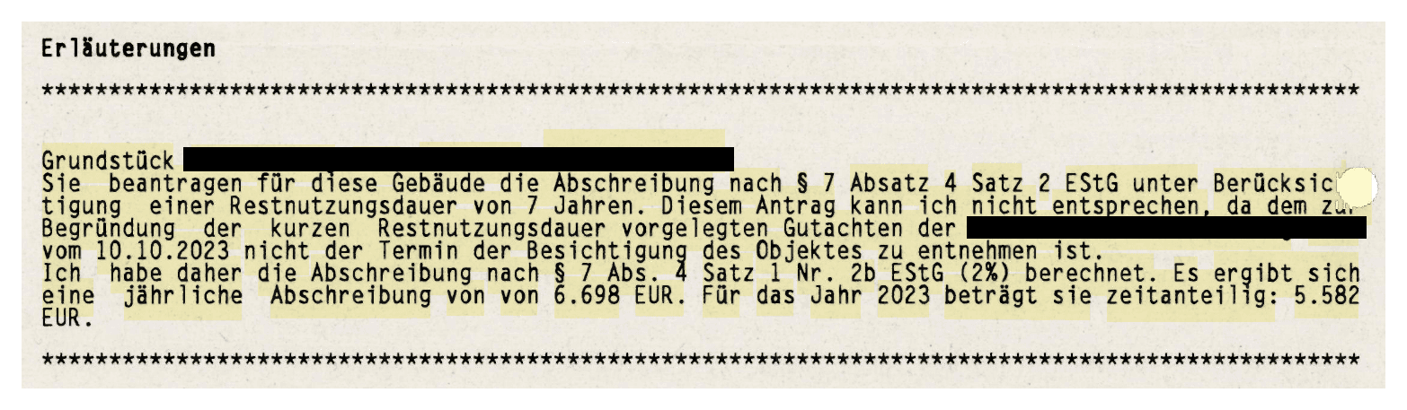 Auszug aus dem Feststellungsbescheid: Das Finanzamt lehnt die Restnutzungsdauer von 7 Jahren ab, weil dem Gutachten der Termin der Objektbesichtigung nicht zu entnehmen ist