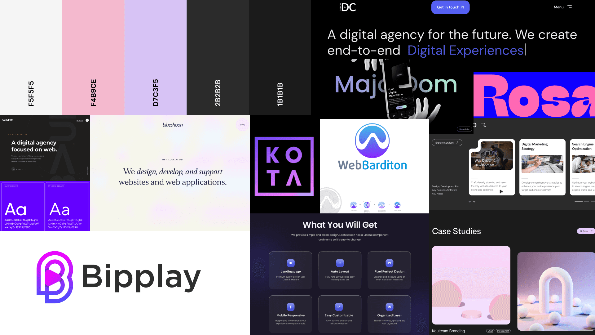 A collage showcasing the Desvign brand’s color palette, references to various digital agency websites, logos, and design elements. Colors like white, pink, purple, and dark gray are prominent.