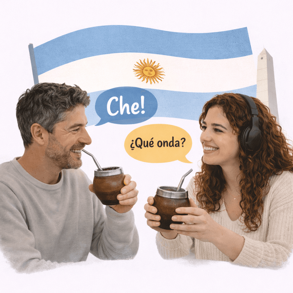 Two persons talking in Spanish Argentinian and drinking mate