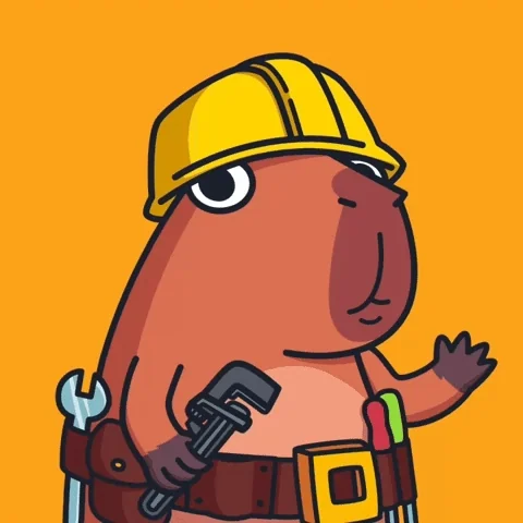 Gif de dessin animé d'un castor anthropomorphique, avec un casque de chantier et une clé à molette dans sa main droite. Il sort une perçeuse de sa ceinture avec sa main gauche.