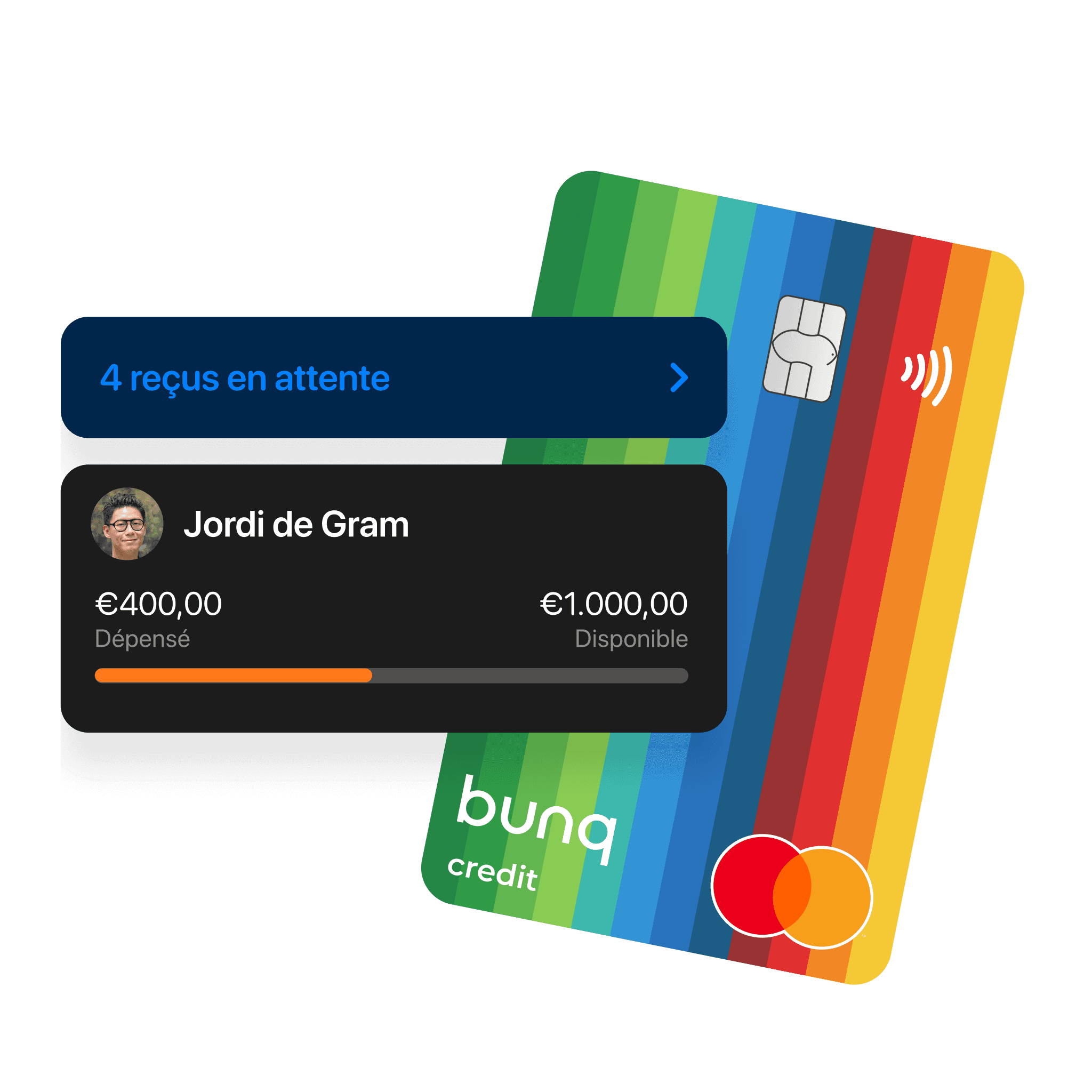 Deux cartes de crédit colorées sont affichées avec une interface numérique montrant le solde et les détails des transactions.