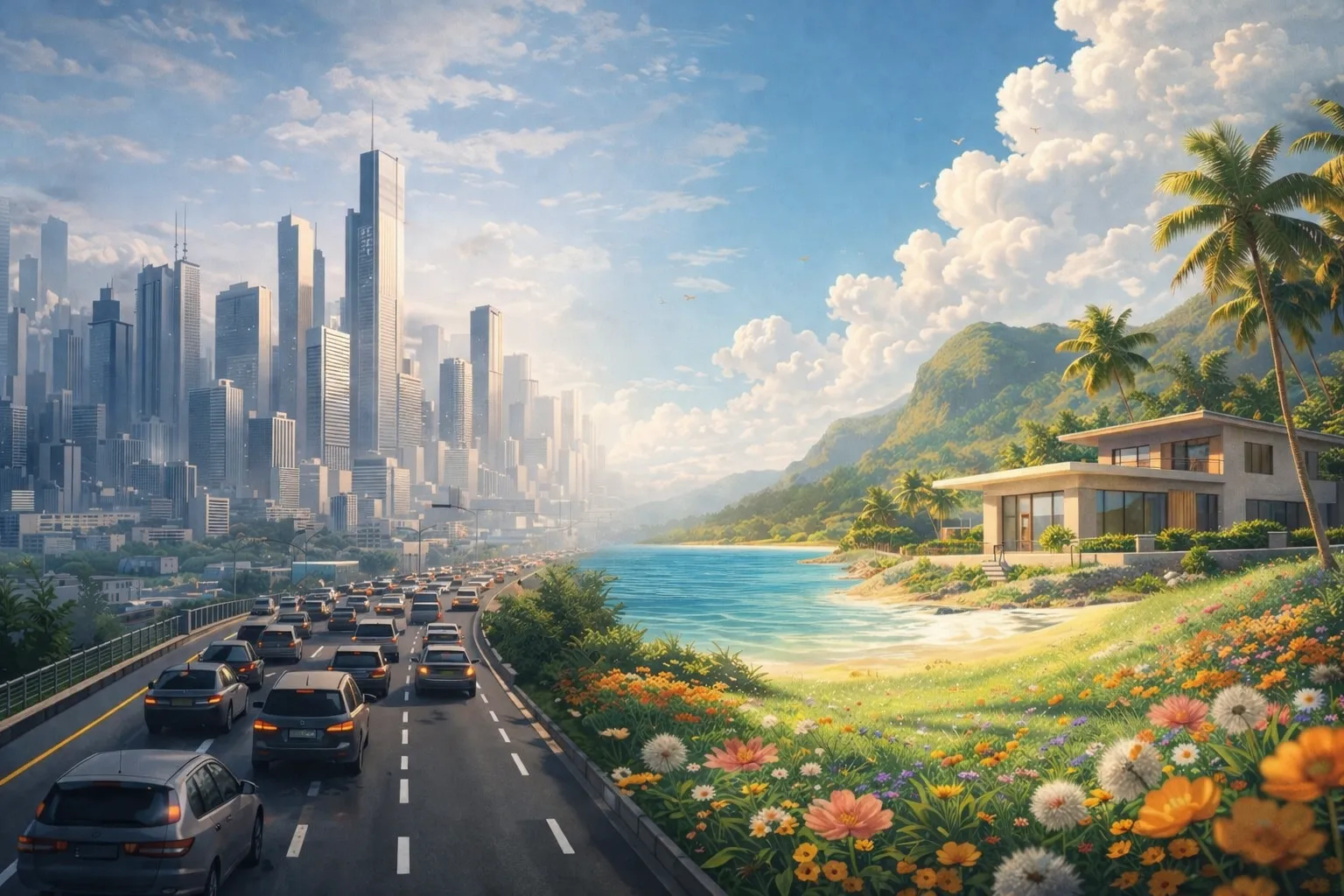 A quaint house surrounded by colorful flowers under a soft, muted sky with distant trees in the background.