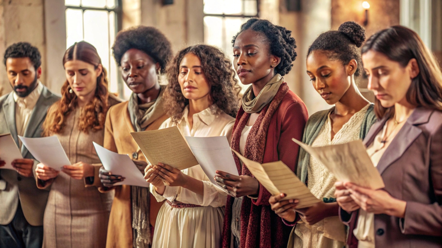 a group of women stands with scripts in their hands