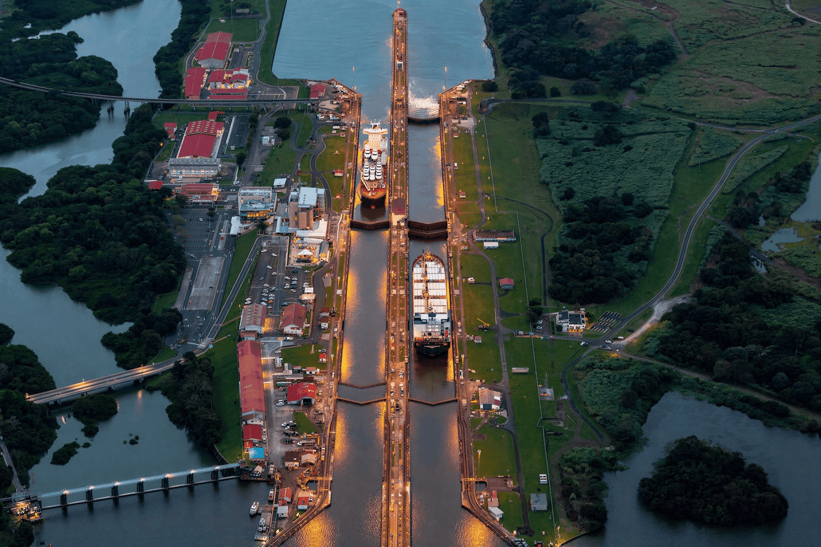 Miraflores Locks, Panama Canal—aerial view of governed transit at scale