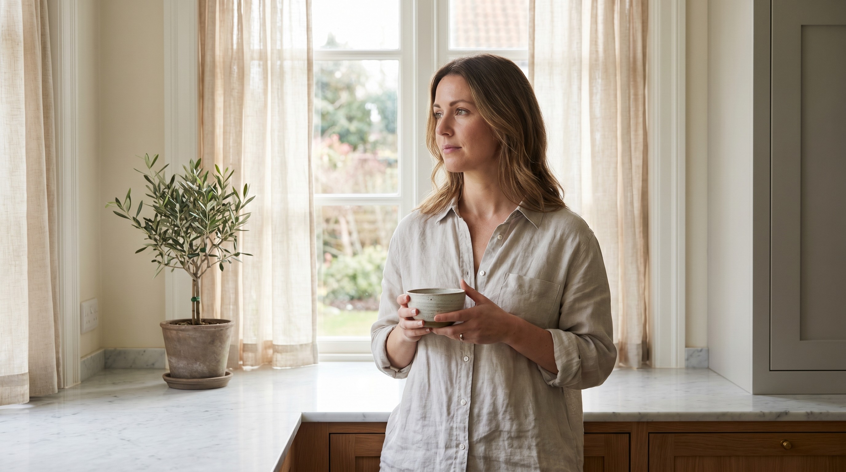 Woman at sunlit kitchen window holding a small dish, calm morning light, minimalist editorial home scene