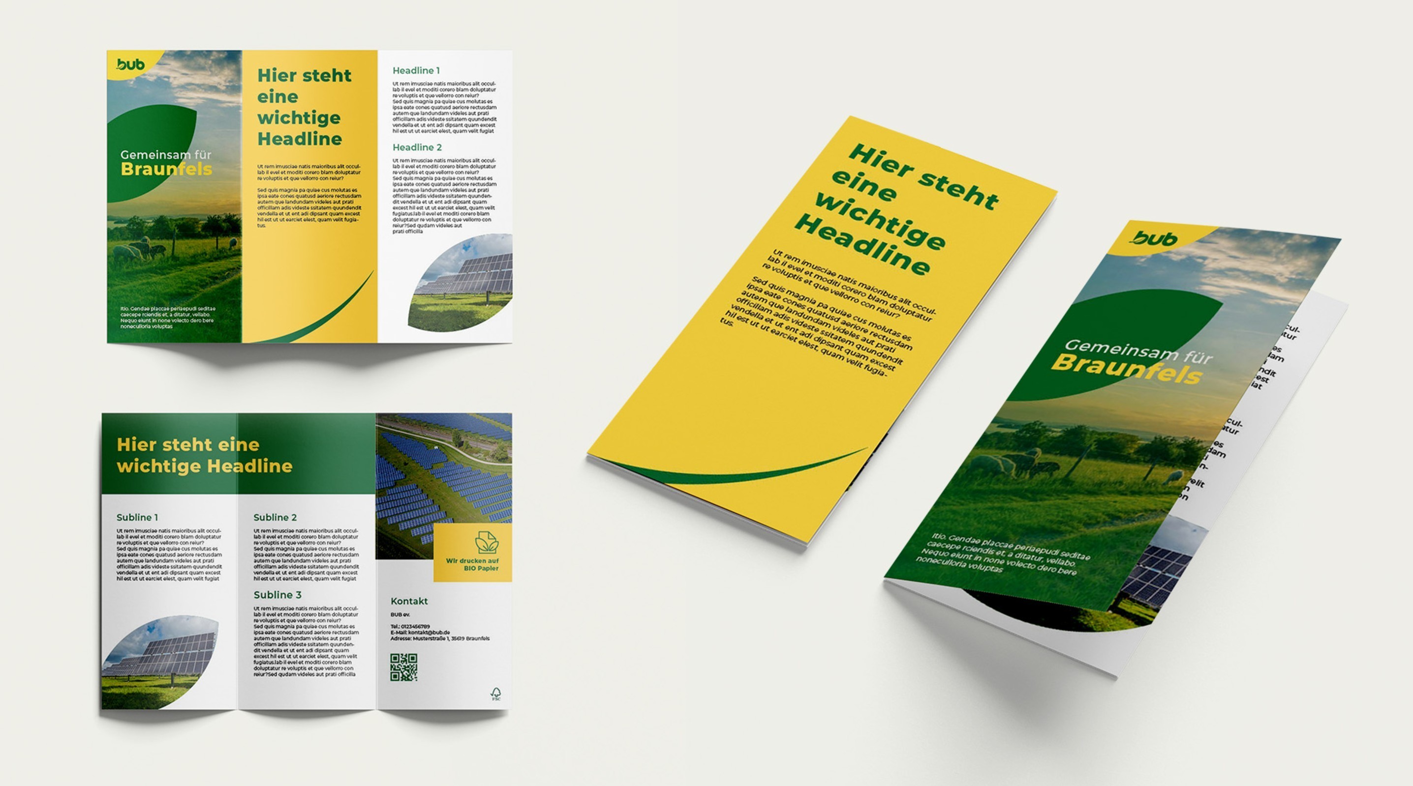 Übersicht des Corporate Design Projekts für BUB e.V. mit Flyern, Broschüren und Printmaterialien in Grün-Gelb-Farbwelt