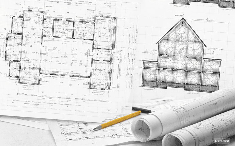 Blueprints for a building are displayed alongside a pencil and rolled-up blueprint paper.