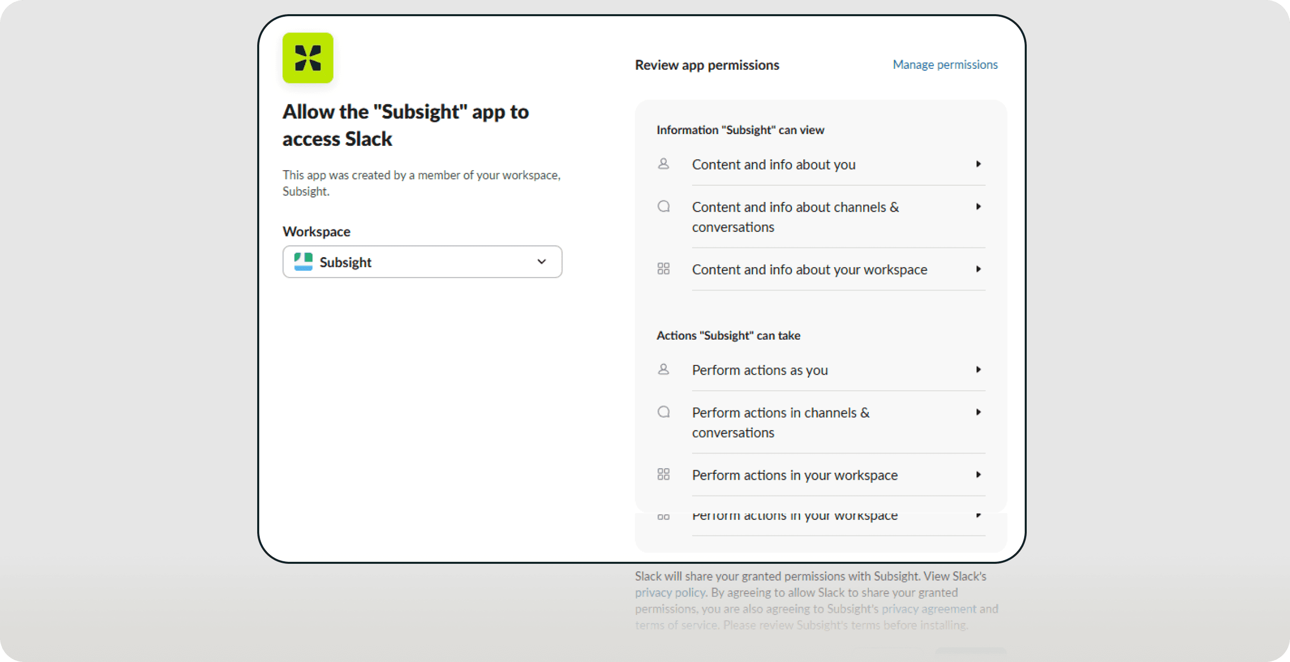 Slack authorization screen showing permission request and channel selection for Subsight integration.
