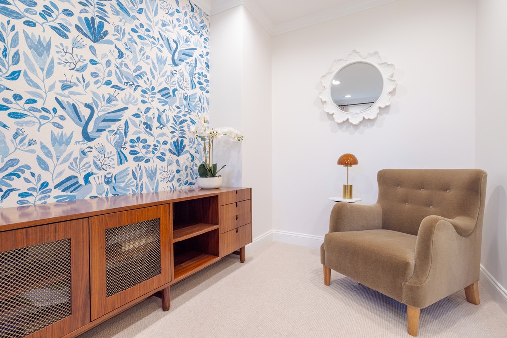 Office with Schumacher wallpaper