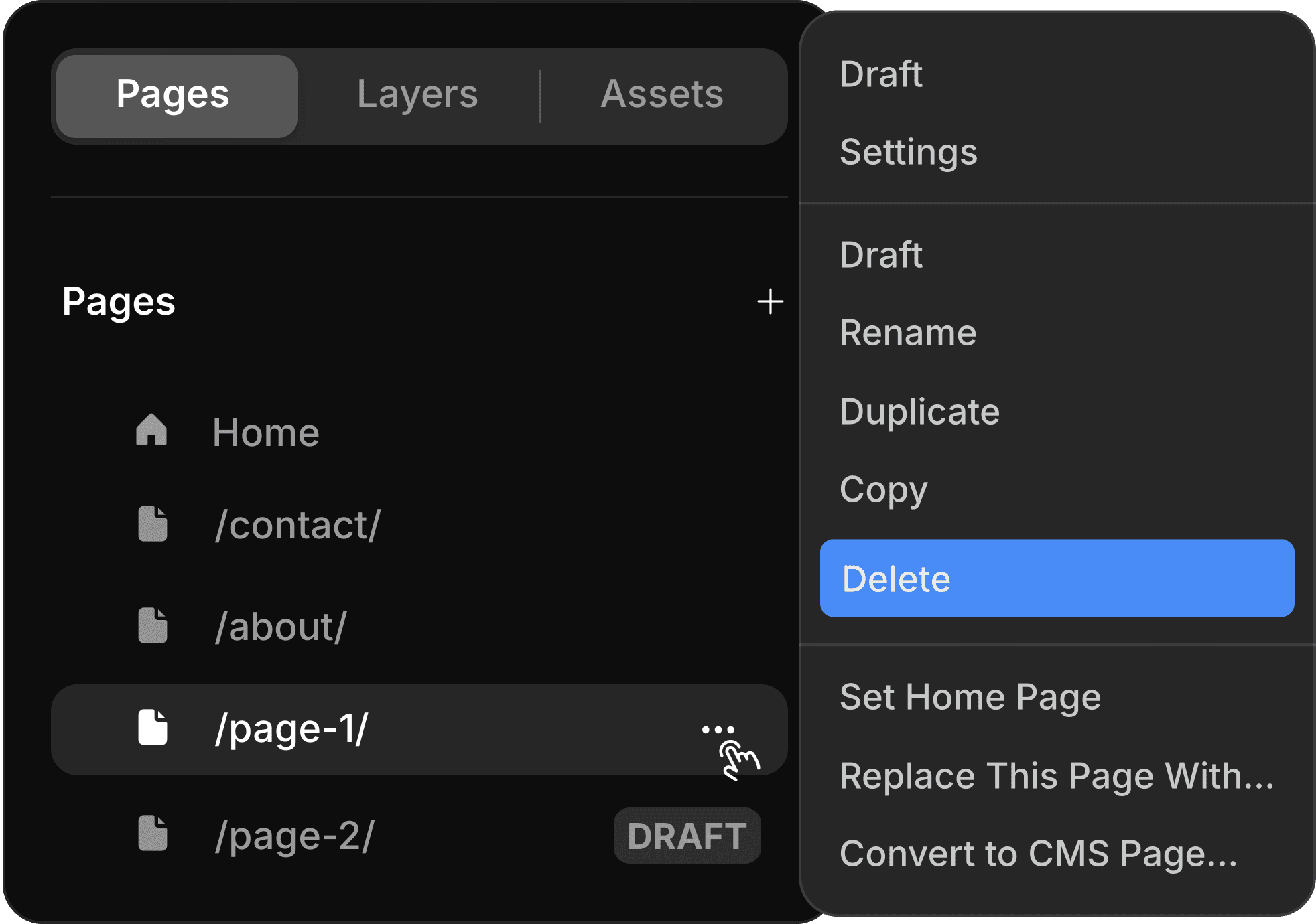 A visual demonstration of how to remove a page in framer