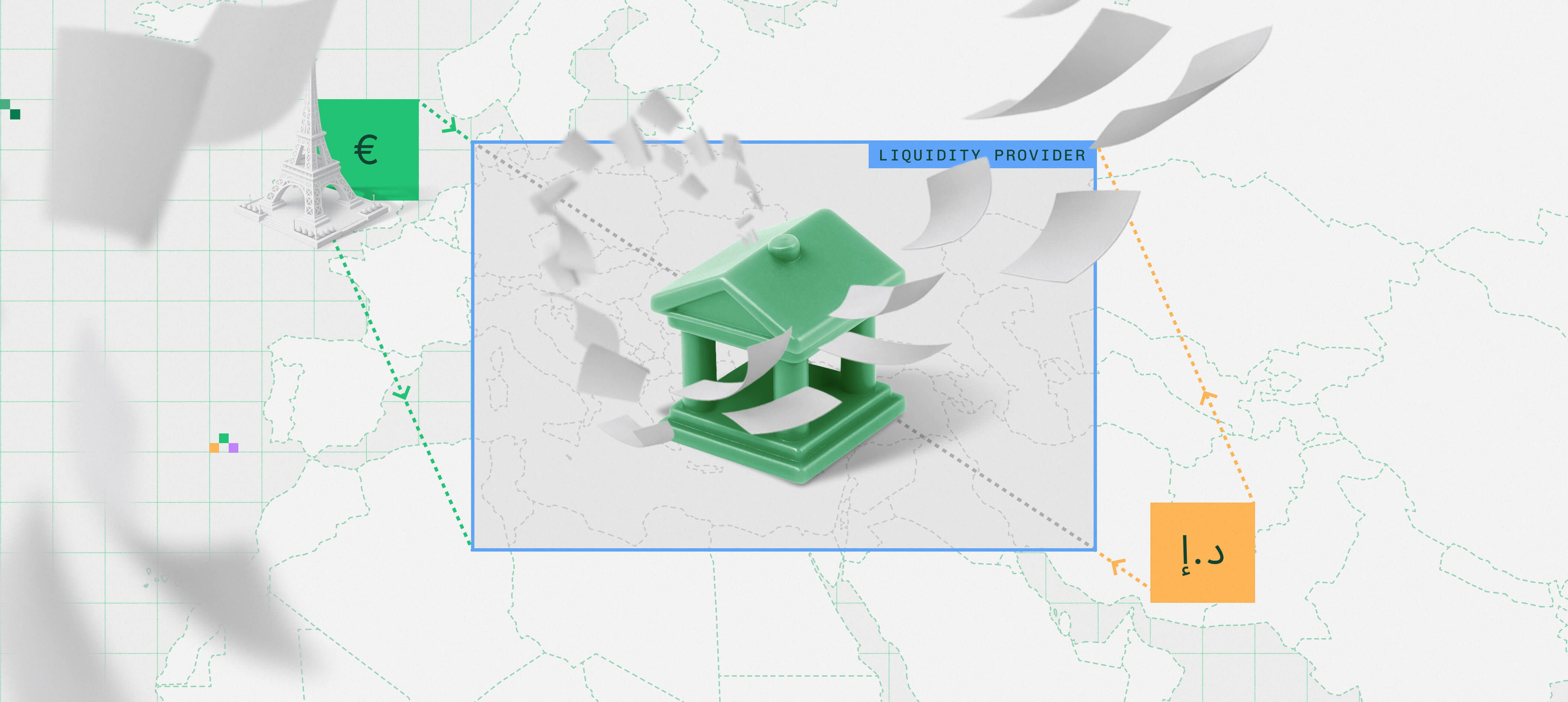 Diagram showing the anatomy of a cross-border payment, starting from sender, continuing to third-party pay-in, then virtual collection, followed by FX conversion, then third-party payout, and finalizing with the recipient. 