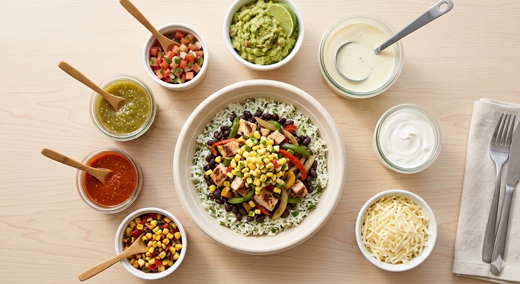 An overhead photo of a healthy Indian meal bowl containing pulao rice, black beans, corn, grilled chicken, and peppers, surrounded by small bowls of tomato chutney, green raita, and daal with wooden spoons on a light wood surface.