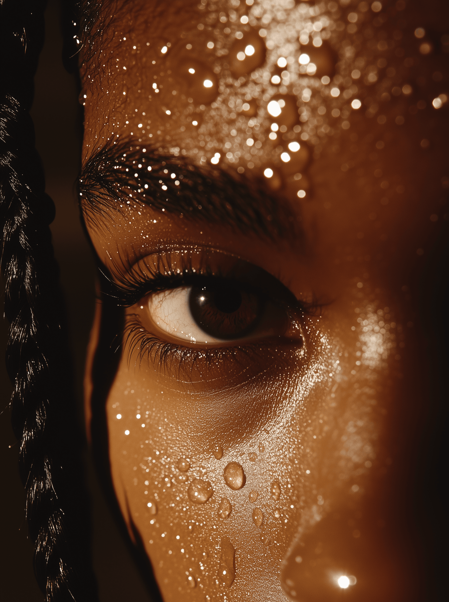 Close-up of the face and eyes, focusing on their reflection in water droplets. The photo captures only one eye with high detail, highlighting its brown color and visible eyelashes. A Black person's braided hair is seen reflected in their reflection, adding to the overall mood of mystery and intrigue. In soft lighting, shadows play across their skin as they gaze into the camera. Their expression reflects an enigmatic or mysterious nature, evoking curiosity about who they may be behind that mask.