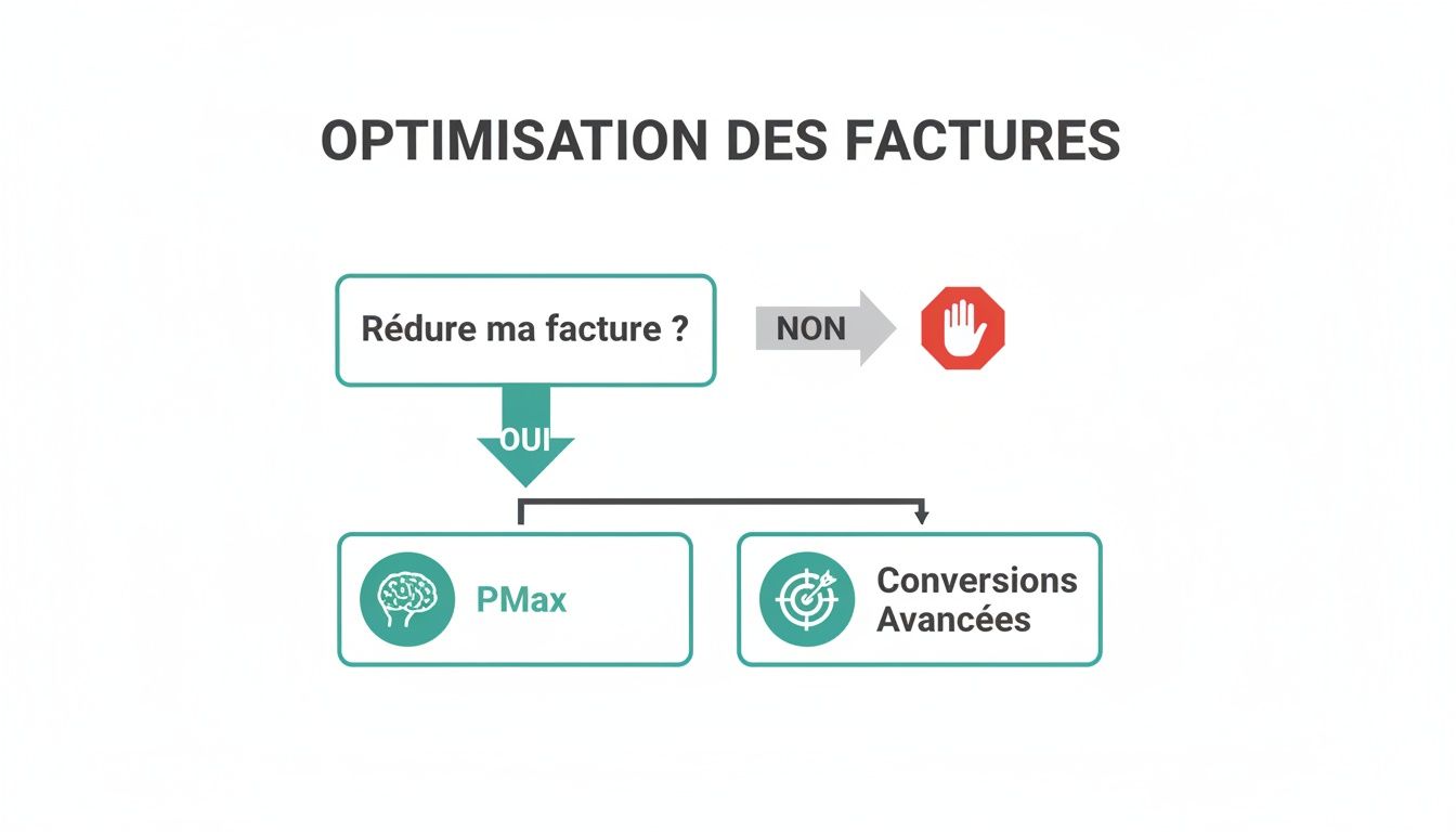 Diagramme de flux expliquant l'optimisation des factures Google Ads, avec PMax et les conversions avancées comme solutions.