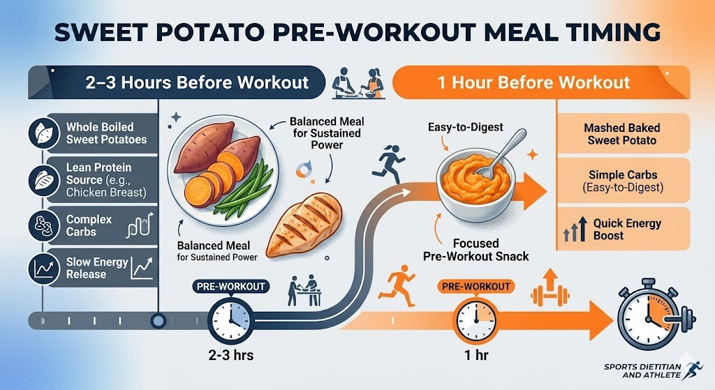 Sweet potato pre-workout meal timing infographic showing meal strategies 2-3 hours before workout vs. 1 hour before workout.