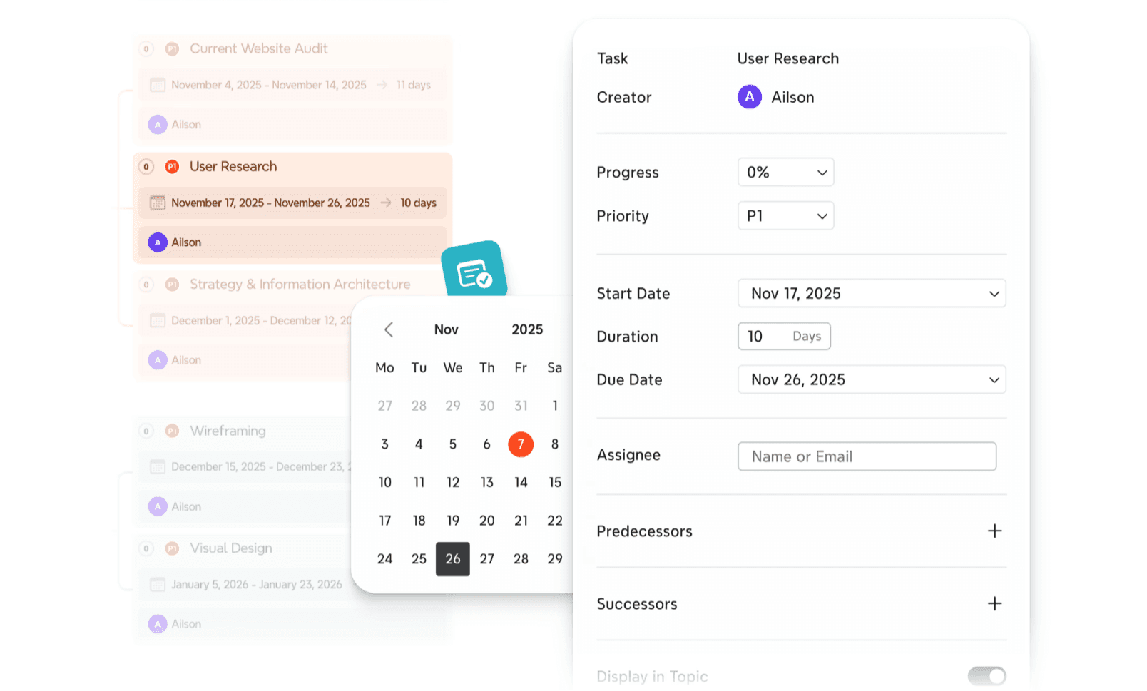 Xmind task planning interface with timelines, priorities, and scheduling connected to mind maps