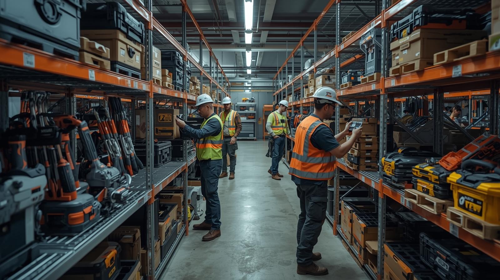 Toolroom setup with neatly organized and QR-tagged construction tools.