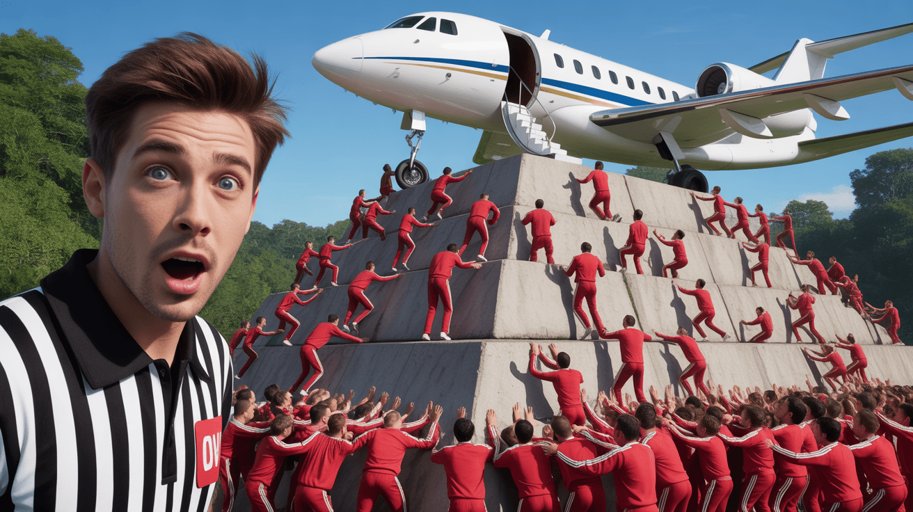 MrBeast-style prize challenge thumbnail with crowd climbing a pyramid toward a private jet