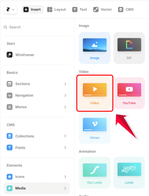Sélection du composant Video dans Framer pour importer une vidéo depuis son ordinateur