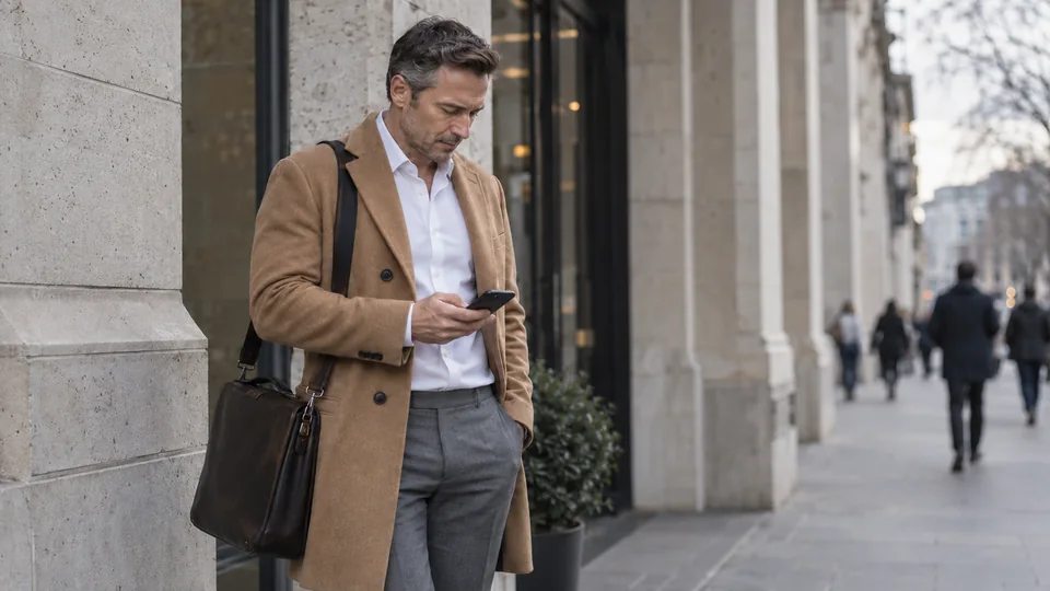 An adviser reviewing follow-up information on a phone outside an office