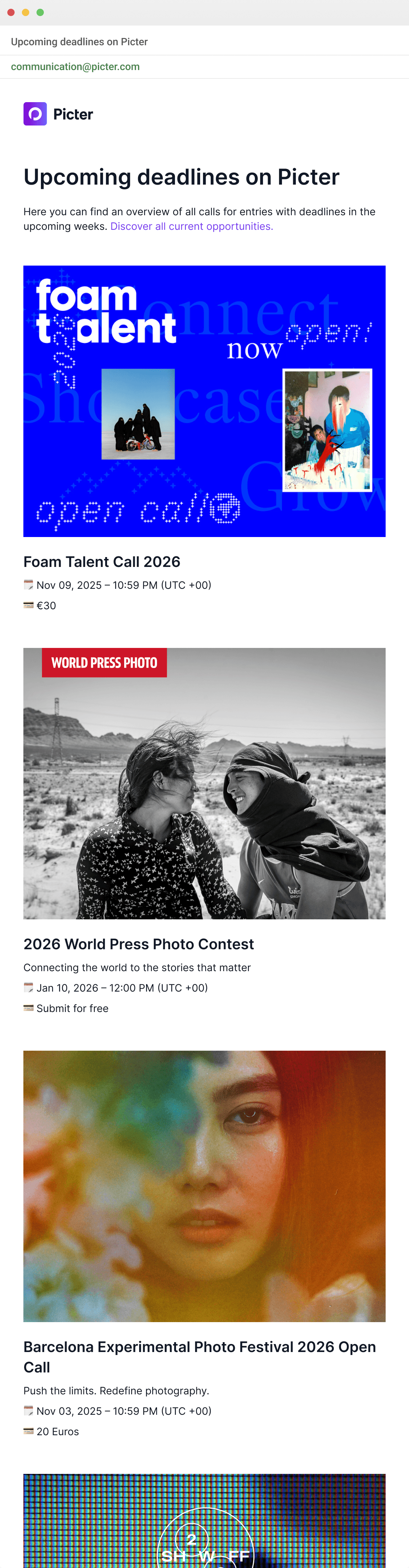 Picter's Contest Newsletter with current open calls