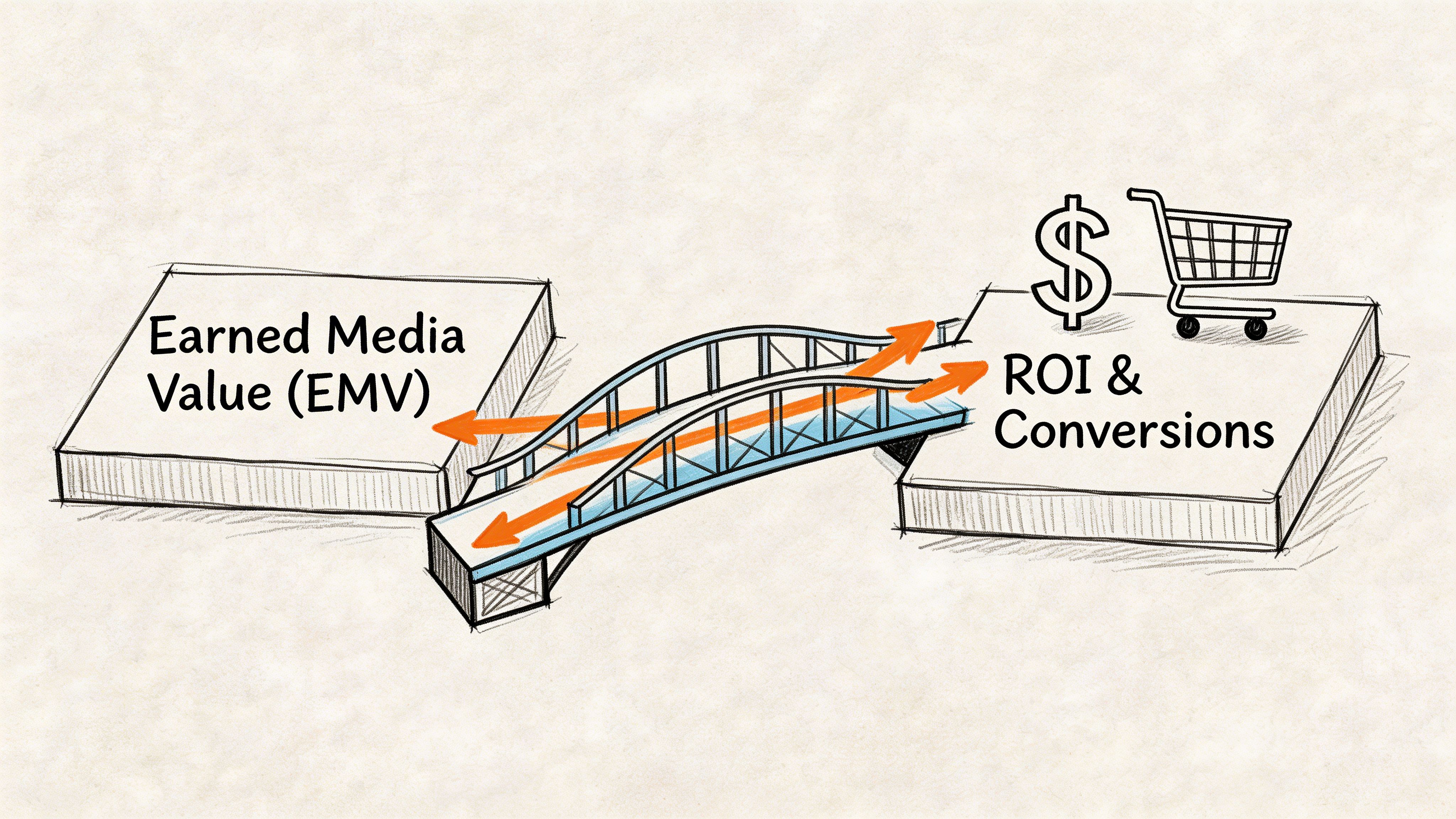 A hand-drawn illustration showing a bridge connecting Earned Media Value to ROI and Conversions.