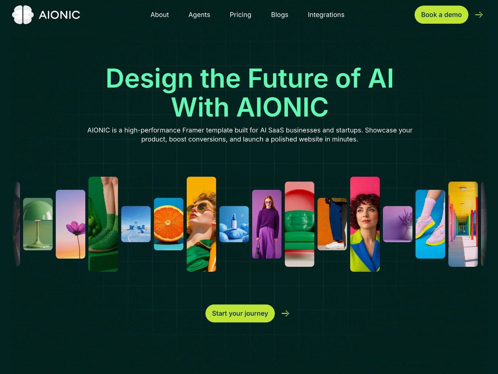 AI-centered website with vibrant graphics and a "Start your journey" button.