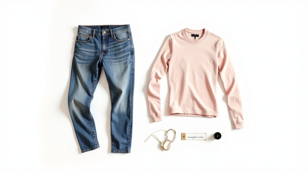 A flat lay featuring a light pink long-sleeved top, blue denim jeans, and gold accessories on a white background.