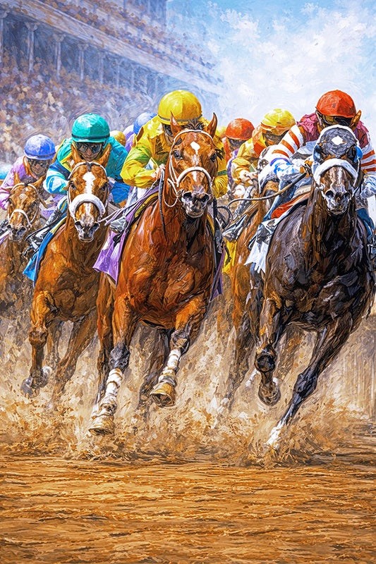 “Derby Thunder” painting of three powerful horses and jockeys charge toward the wire in a dramatic stretch drive to win.