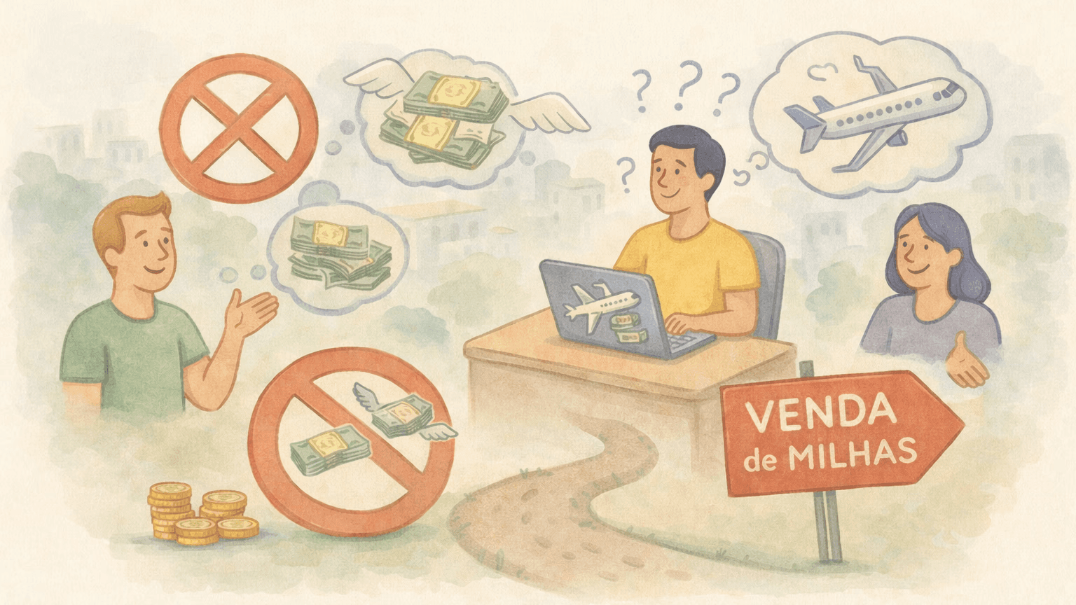 Ilustração sobre venda de milhas aéreas, mostrando dúvidas, dinheiro, avião e sinais de proibição, representando por que vender milhas quase nunca é a melhor opção.