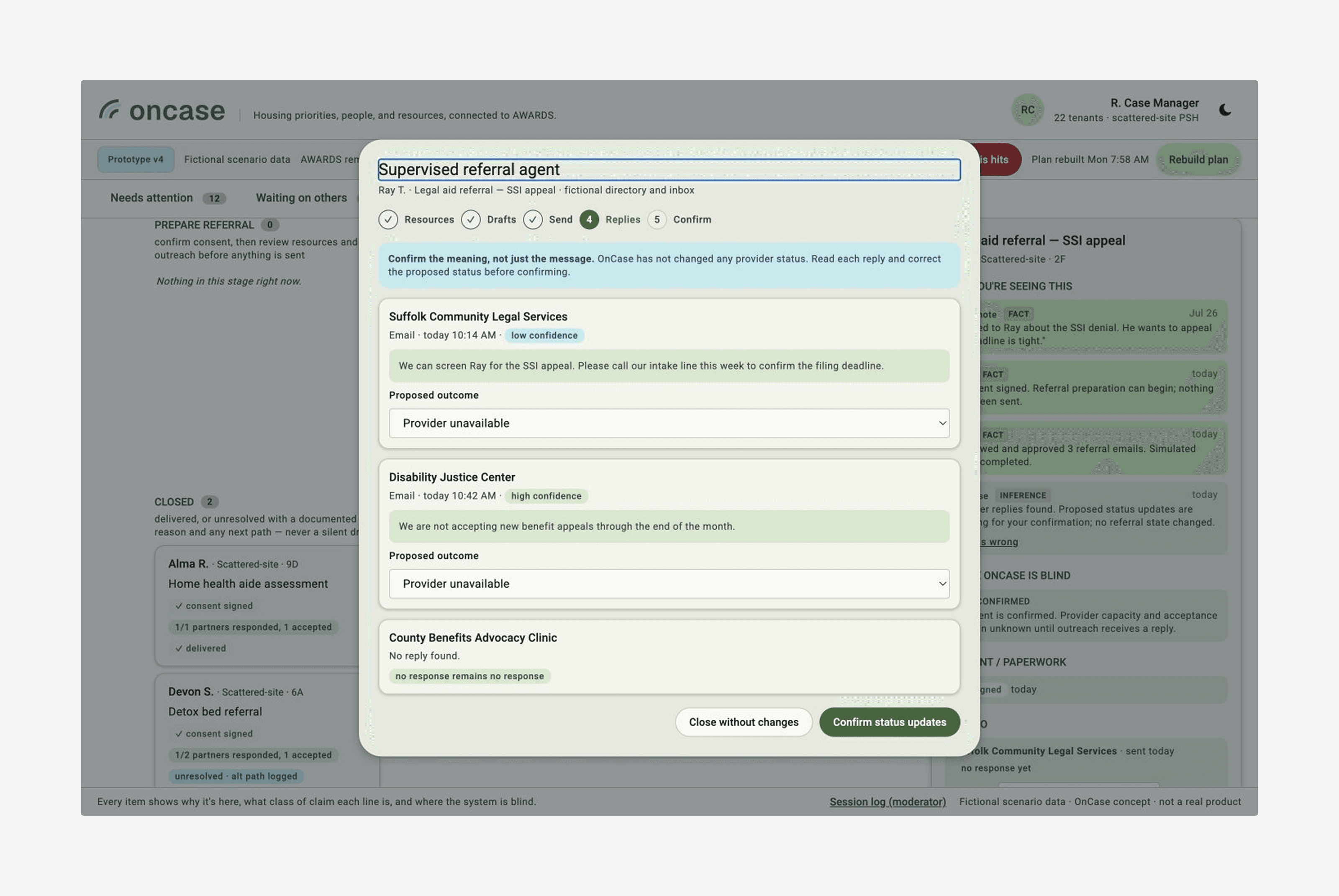 Reply review showing source messages, confidence, proposed outcomes, and no response