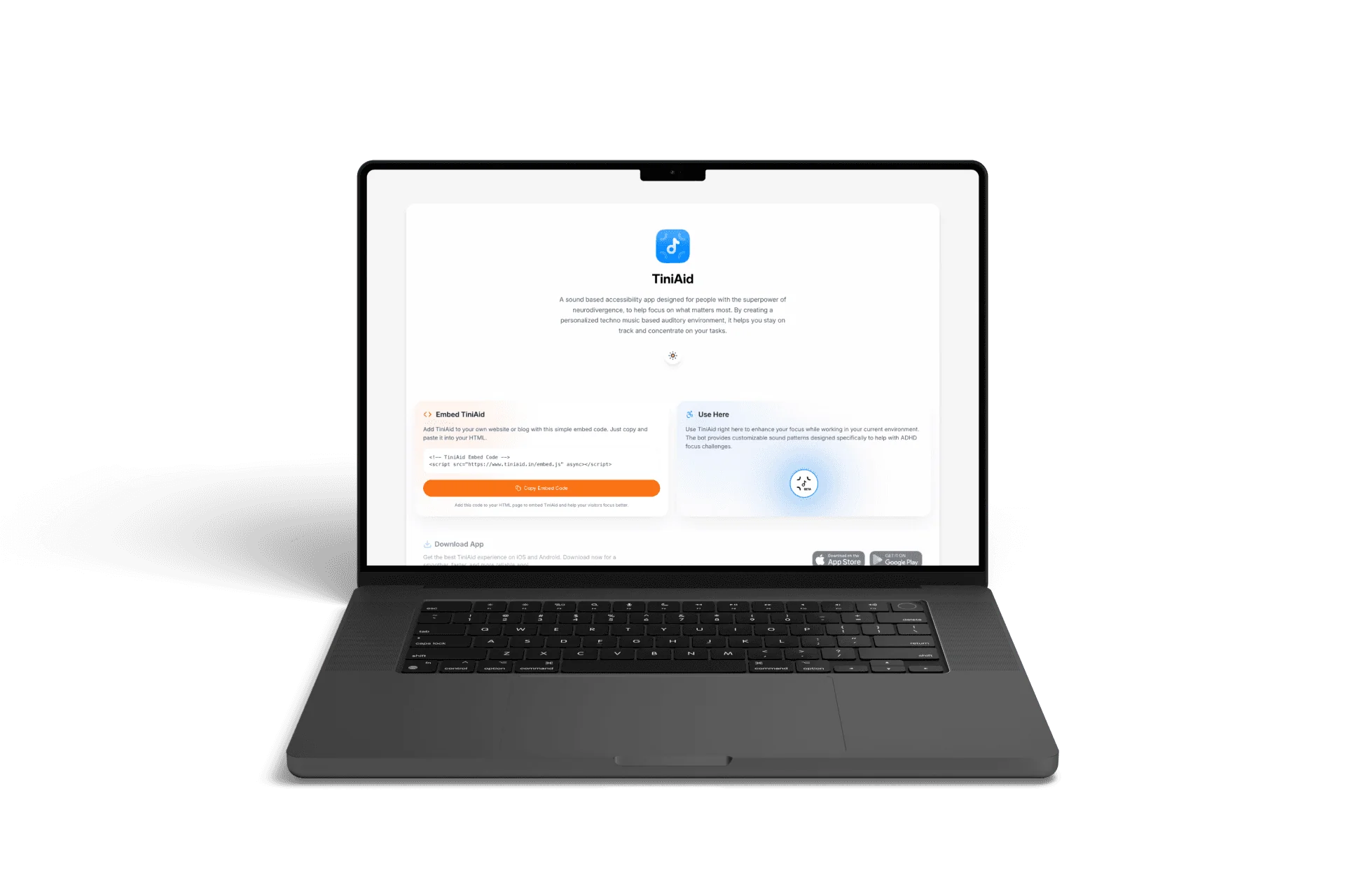 TiniAid accessibility product displayed on a laptop