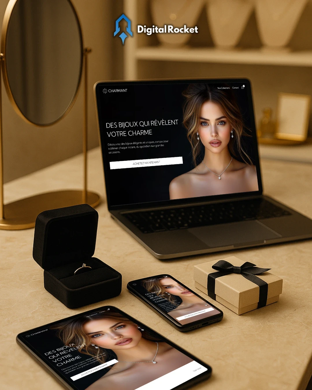 Site e-commerce pour une bijouterie à Montpellier, réalisé par Tommy Serrano, créateur de sites web à Villetelle. Design raffiné pour mettre en valeur des bijoux élégants et modernes.