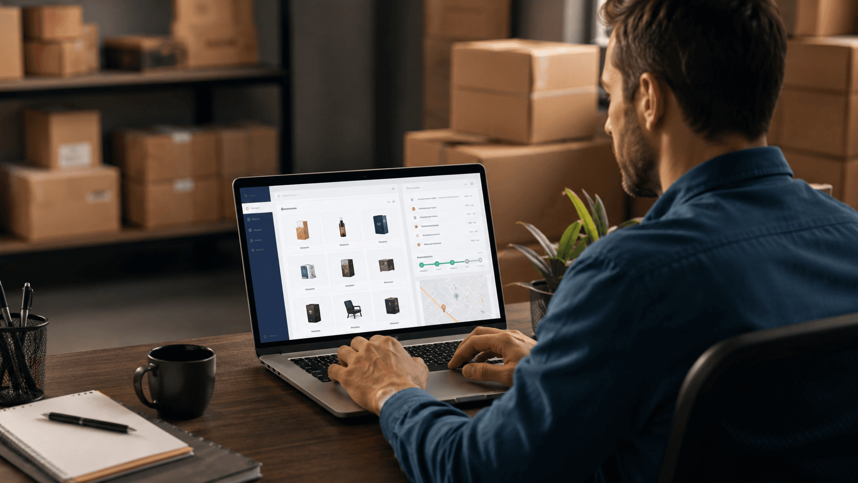 Ilustração realista em 3D de um ambiente B2B moderno, mostrando um revendedor sentado em uma mesa utilizando um notebook com uma plataforma de pedidos online aberta. Na tela aparecem produtos, preços e acompanhamento de entregas em uma interface de portal do lojista. Ao fundo, há caixas de estoque e prateleiras organizadas, transmitindo contexto de distribuição e operação comercial. A cena possui iluminação quente, visual profissional e composição horizontal em formato 16:9.