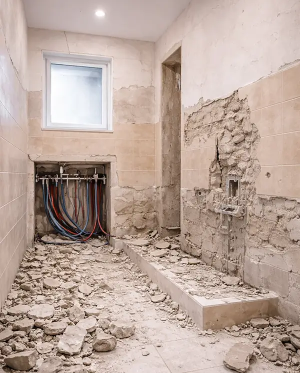 Αποξηλωμένο μπάνιο πριν την ανακαίνιση με γκρεμισμένα πλακίδια, εκτεθειμένες υδραυλικές εγκαταστάσεις και υποδομή χώρου για πλήρη ανακατασκευή