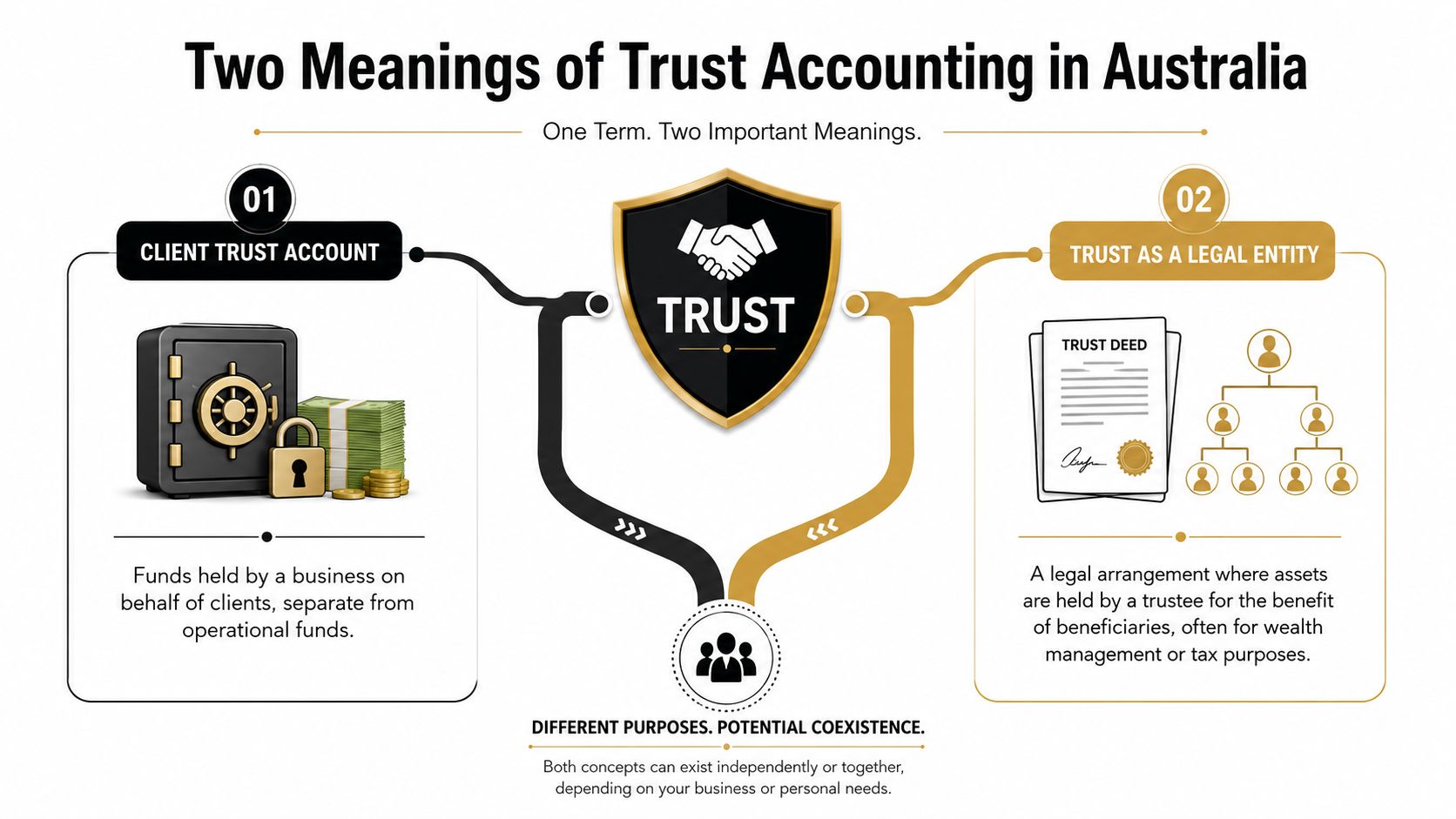 An infographic titled Two Meanings of Trust Accounting in Australia illustrating client trust accounts and legal entity trusts.