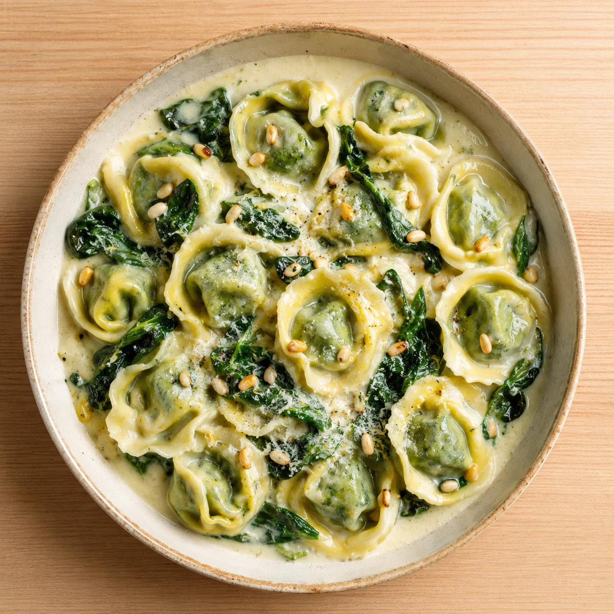 Spinach Tortelloni: Ricotta-filled pasta, spinach crema, basil, aged parmesan.