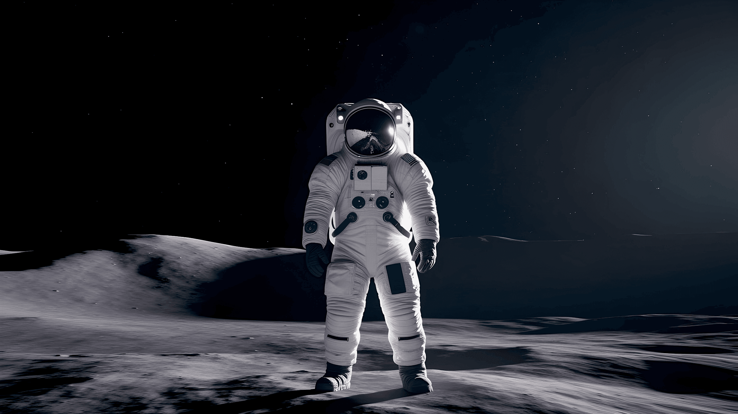 Astronaut standing on lunar surface under dim light