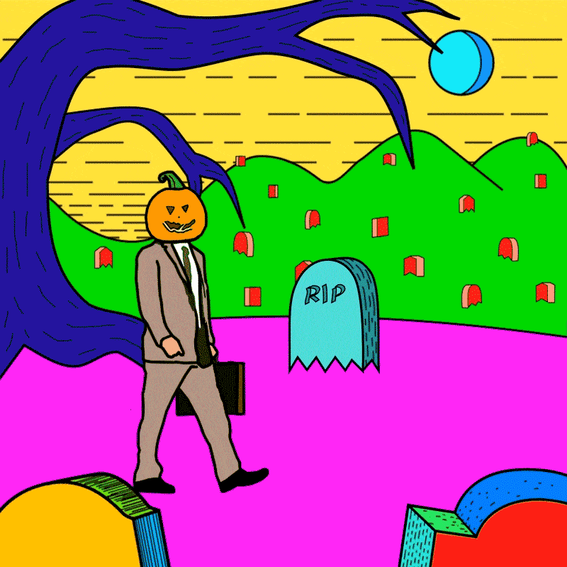 Cartoon animation of a man wearing a jack-o-lantern on his head