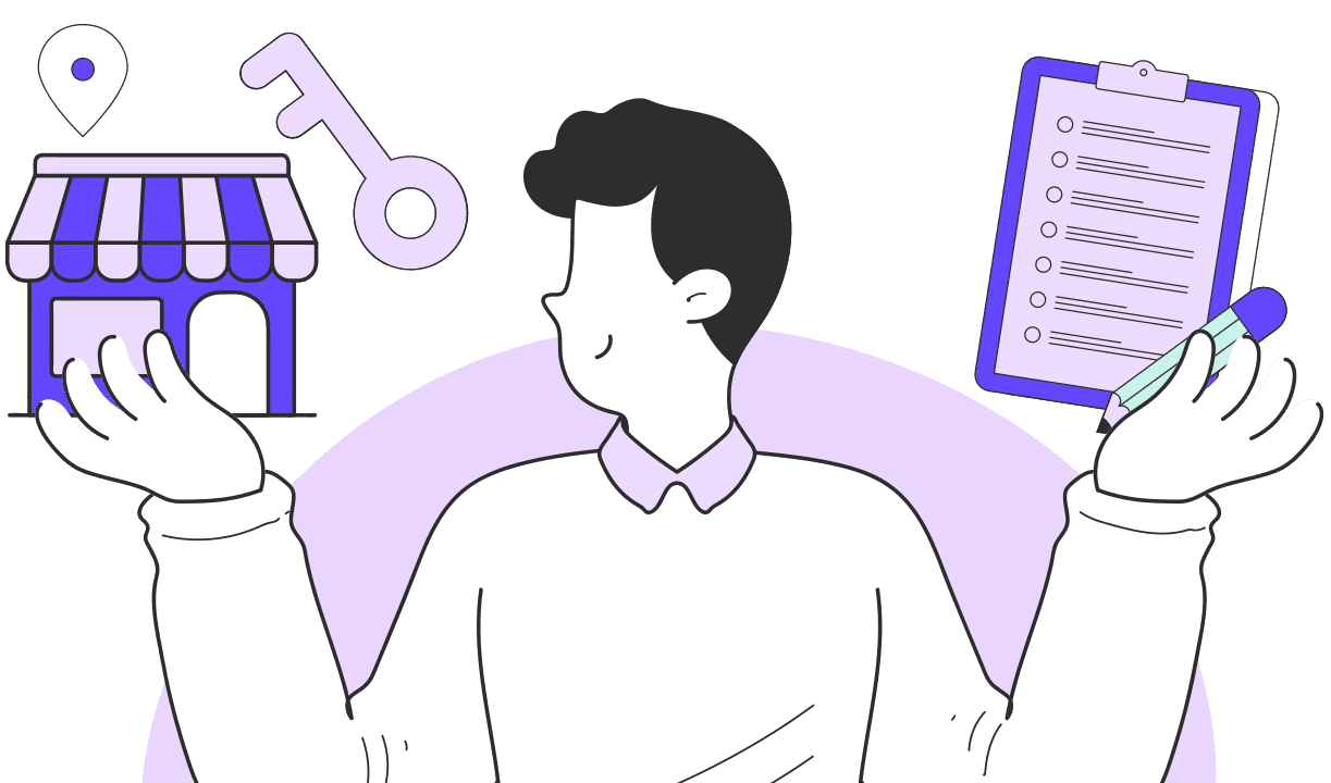 Illustration of a person balancing icons of a house, a key, and a contract.