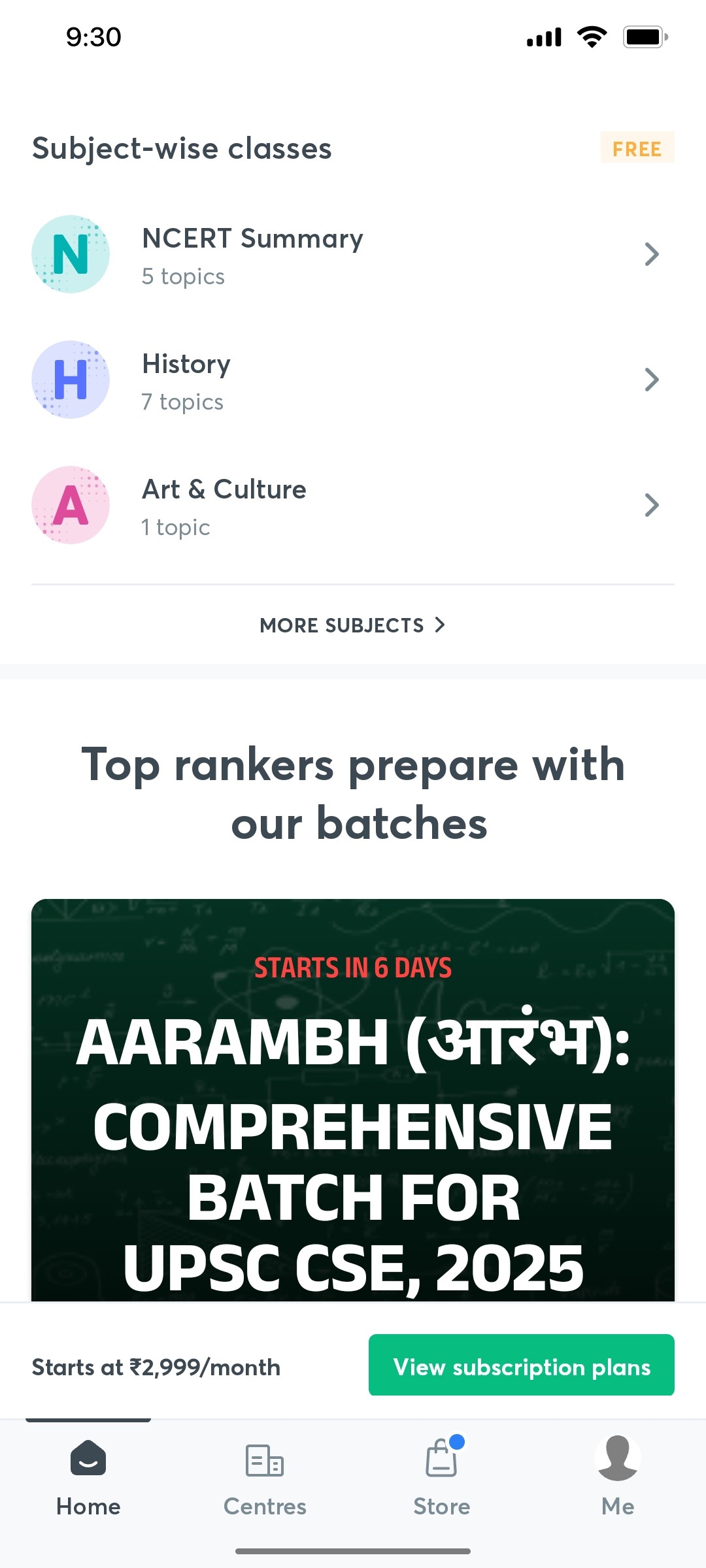 Unacademy Subject Wise Classes Screen