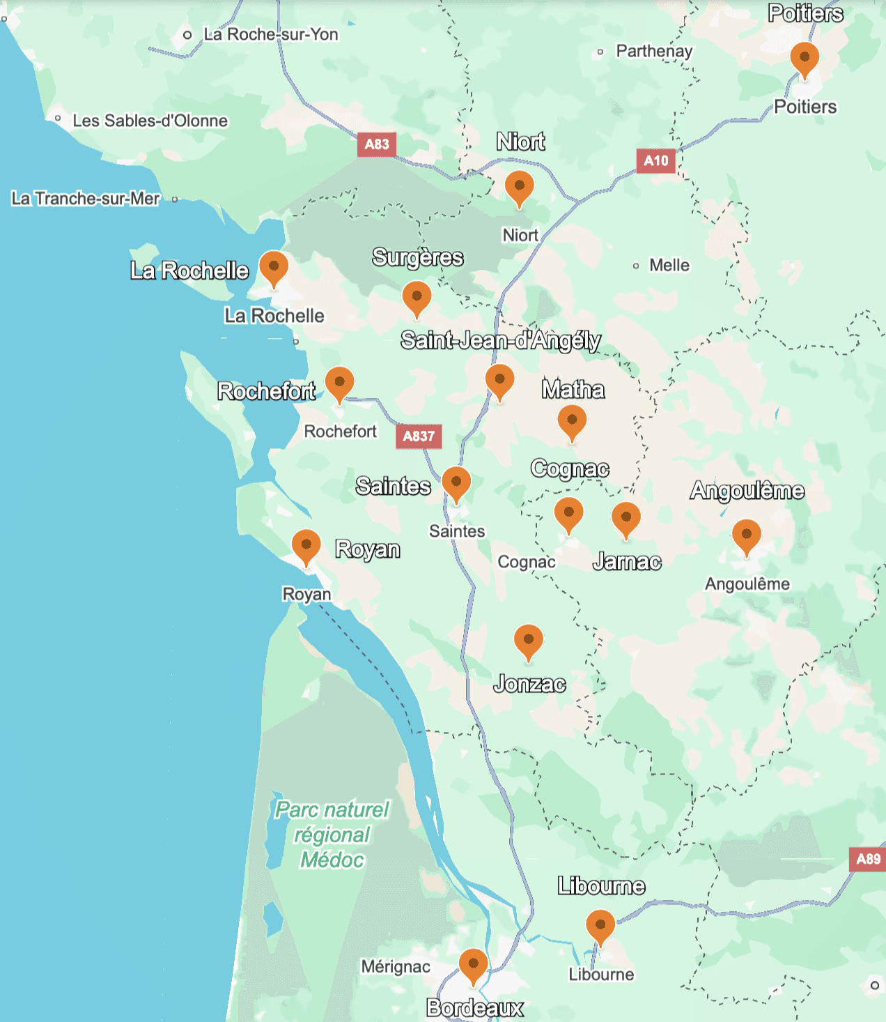 arte de la zone d'intervention d'Optivance, cabinet de management de transition et DAF externalisé en Charente-Maritime et Nouvelle-Aquitaine.