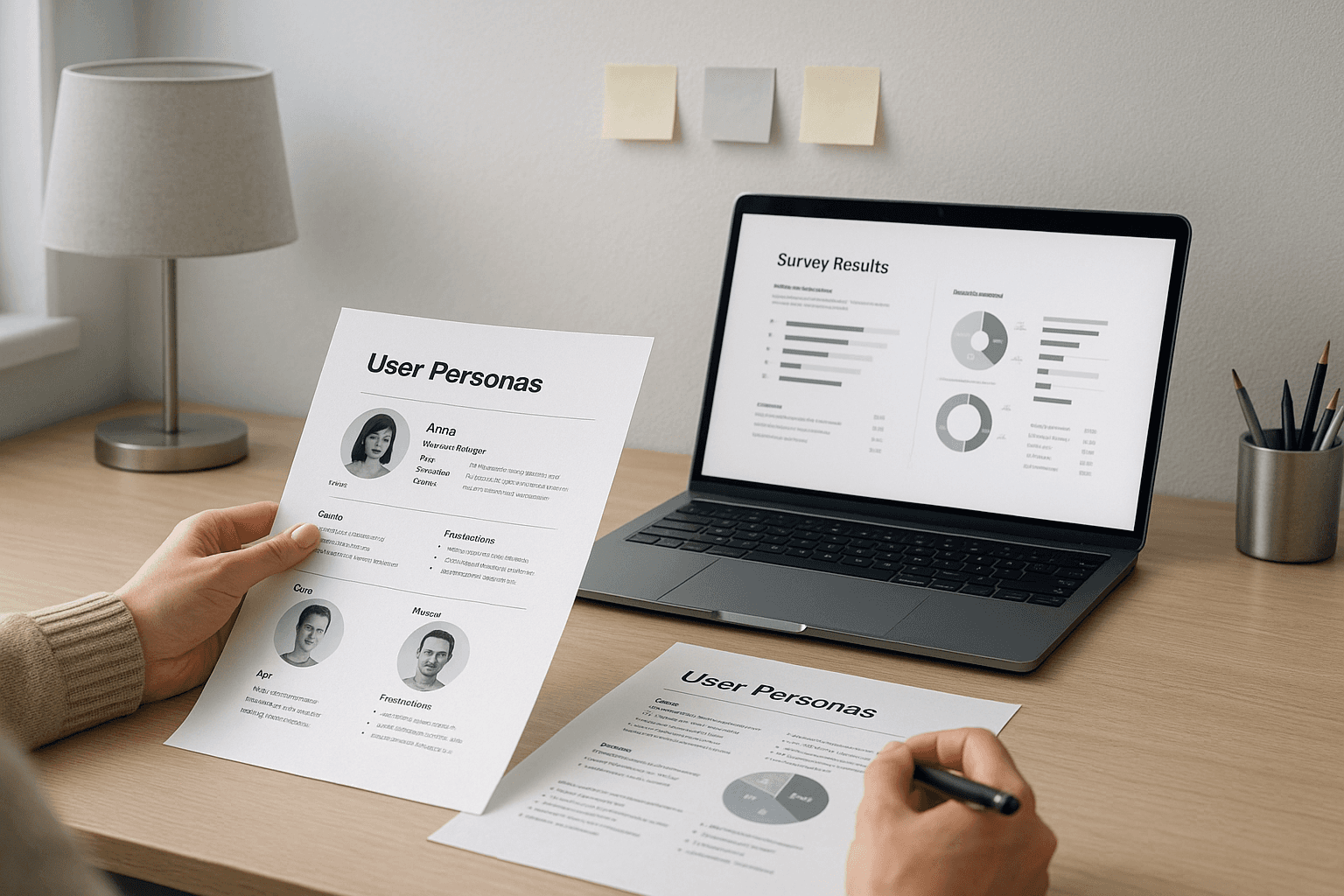 Minimalist designer desk with user personas, survey results on laptop, and UX research materials.