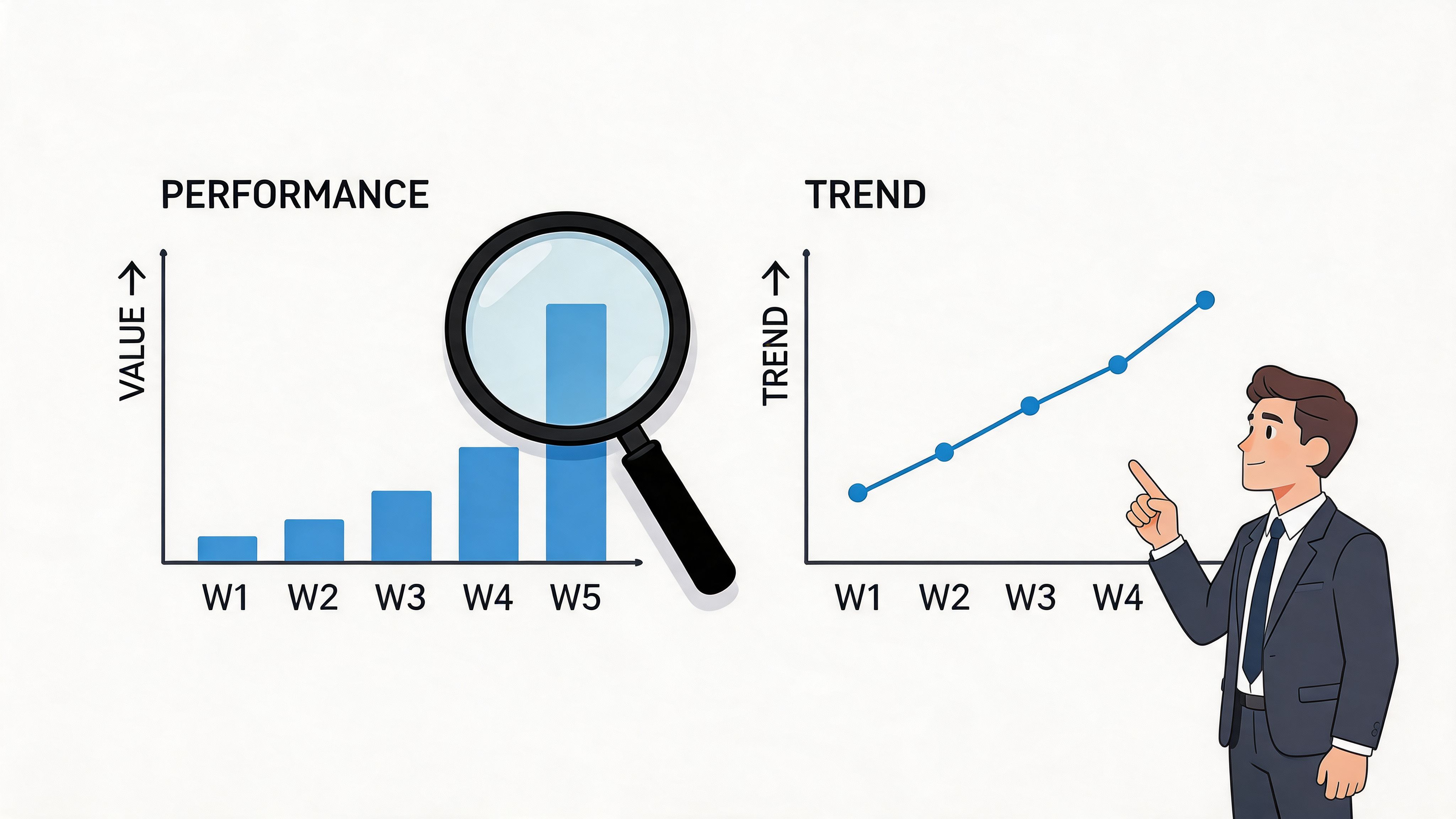 A professional man pointing at a growing trend line graph next to a bar chart under magnification.