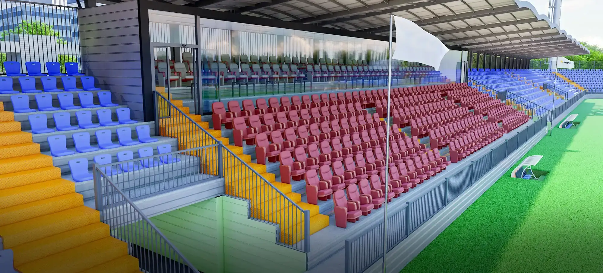 Drone shot of a running track at night