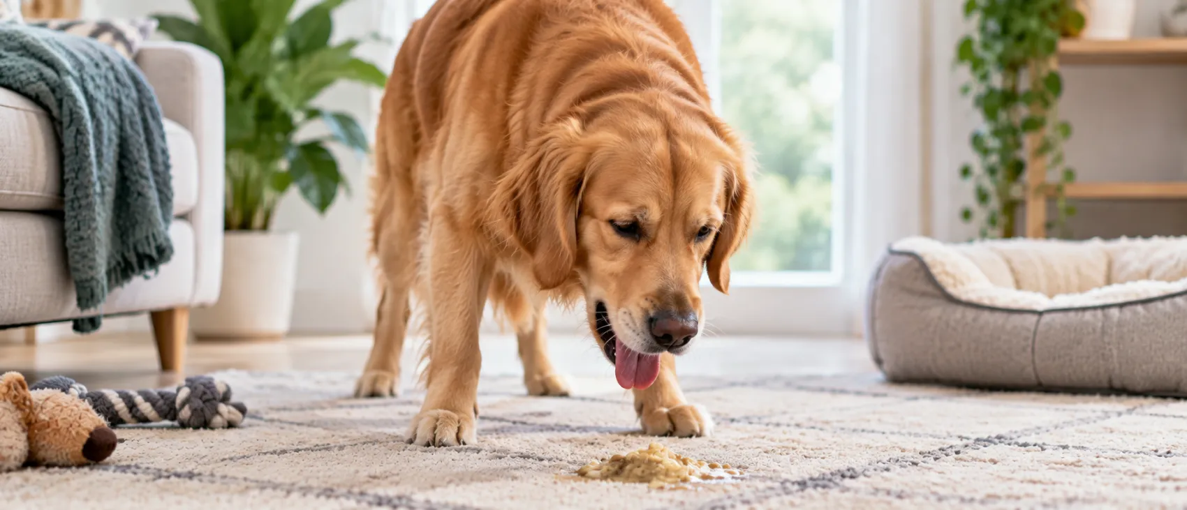 A Golden Retriever with its mouth open over a small pile of food on a rug.