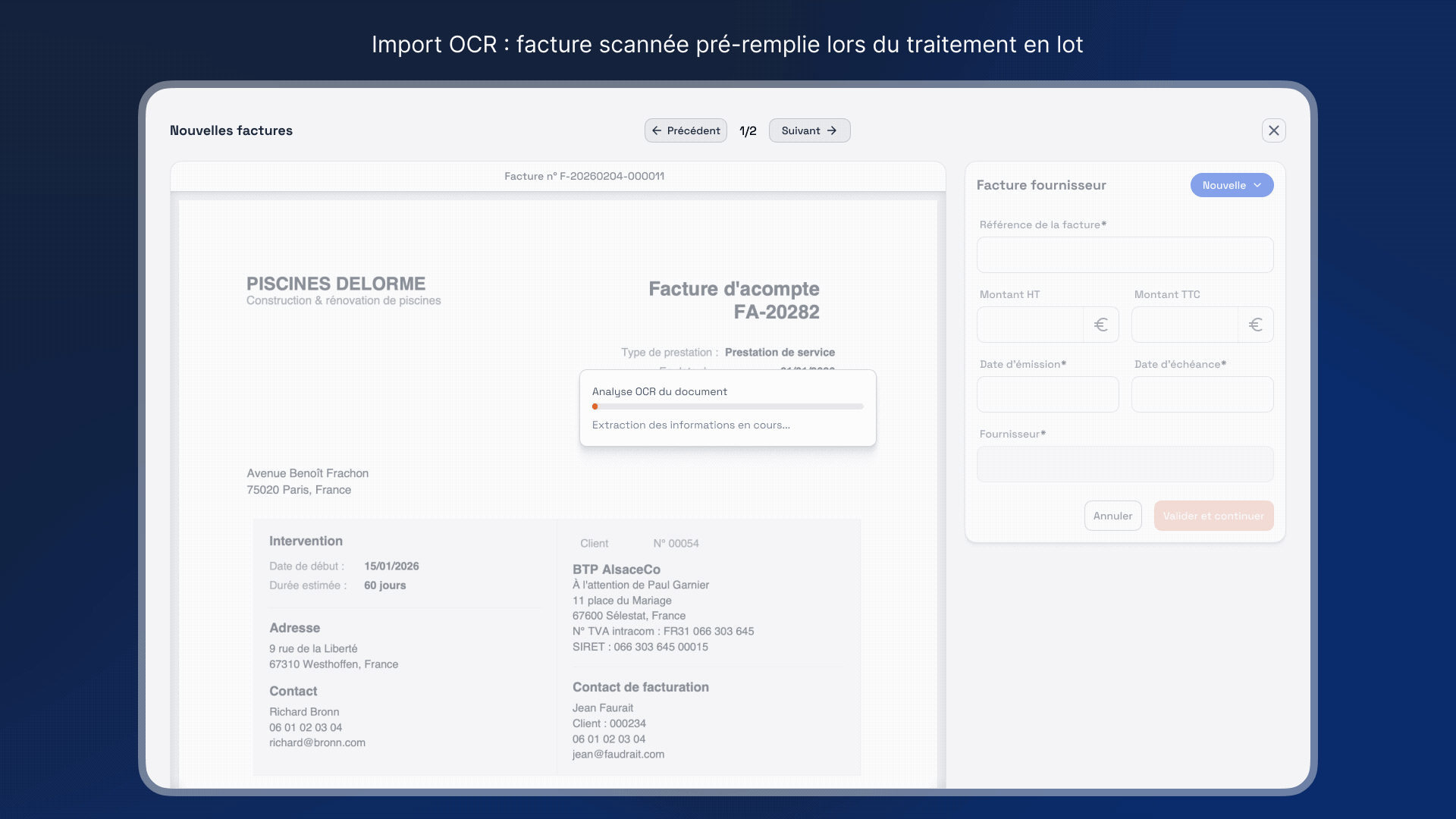 Import de facture avec analyse OCR en cours, extraction automatique des informations vers le formulaire