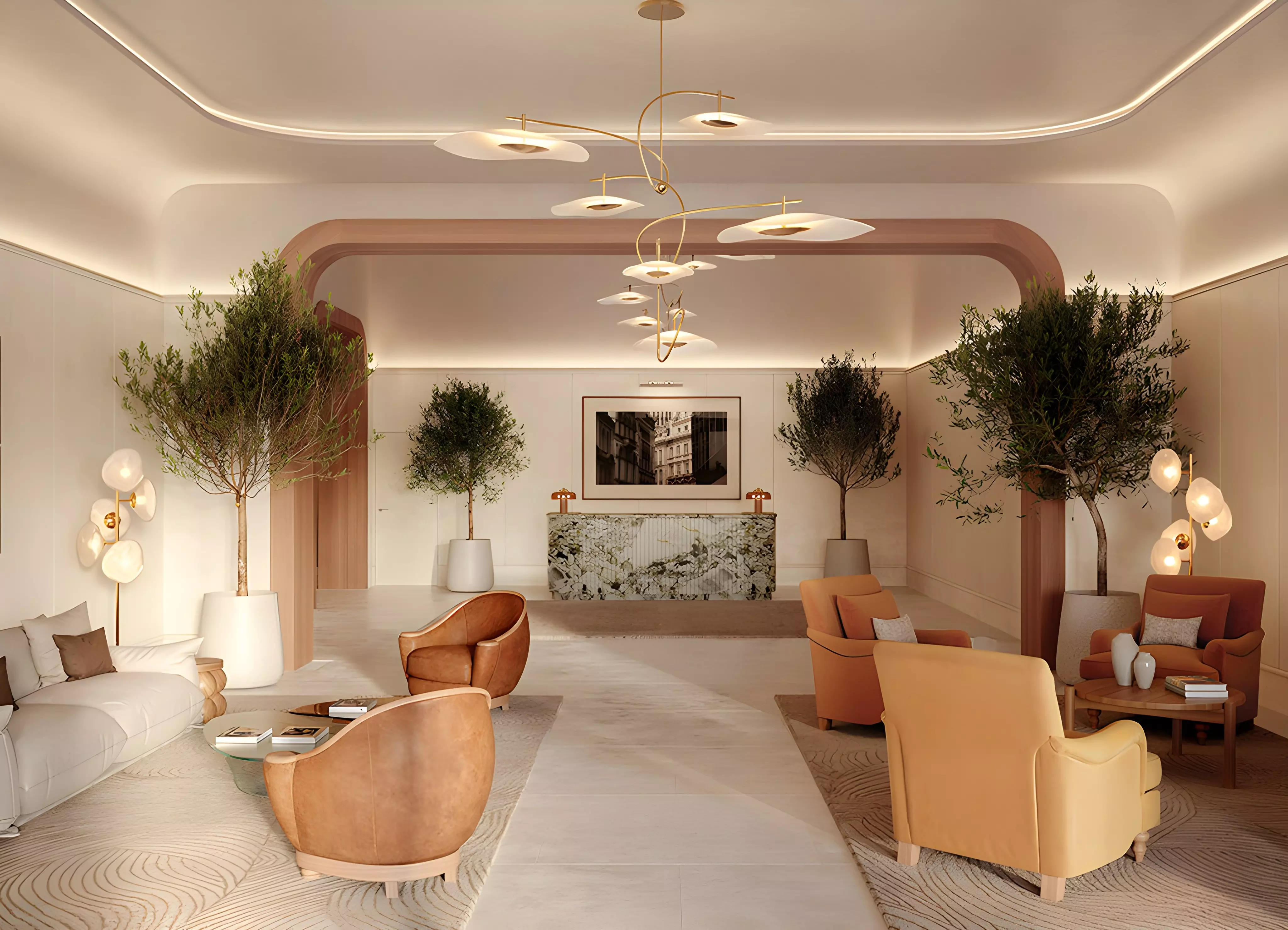 Stylish and serene lobby with designer furniture and natural elements at The Bristol, Emaar Beachfront