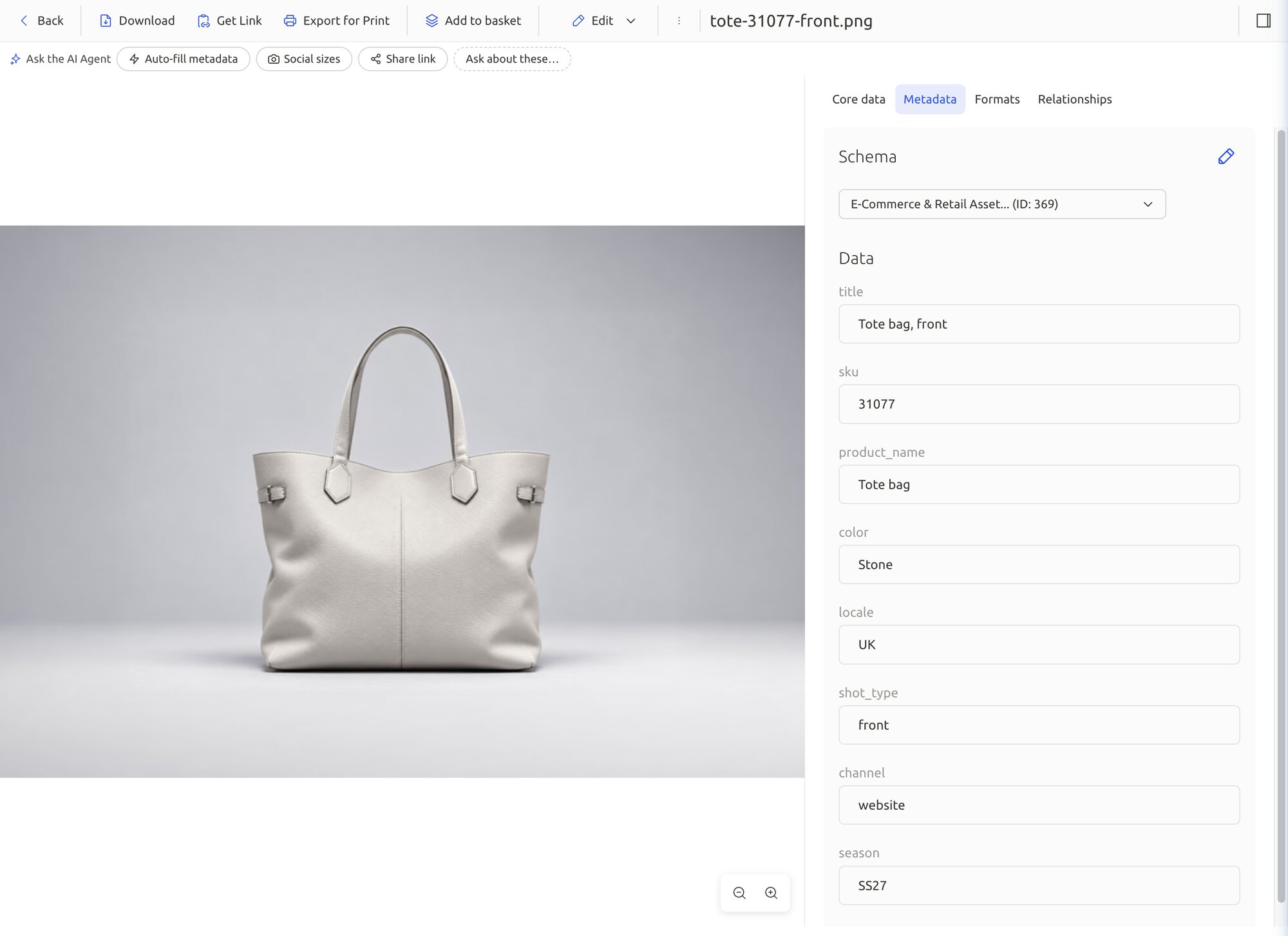 FileSpin asset detail for tote-31077-front.png showing its E-Commerce metadata: title, SKU, product name, colour, locale, shot type, channel and season